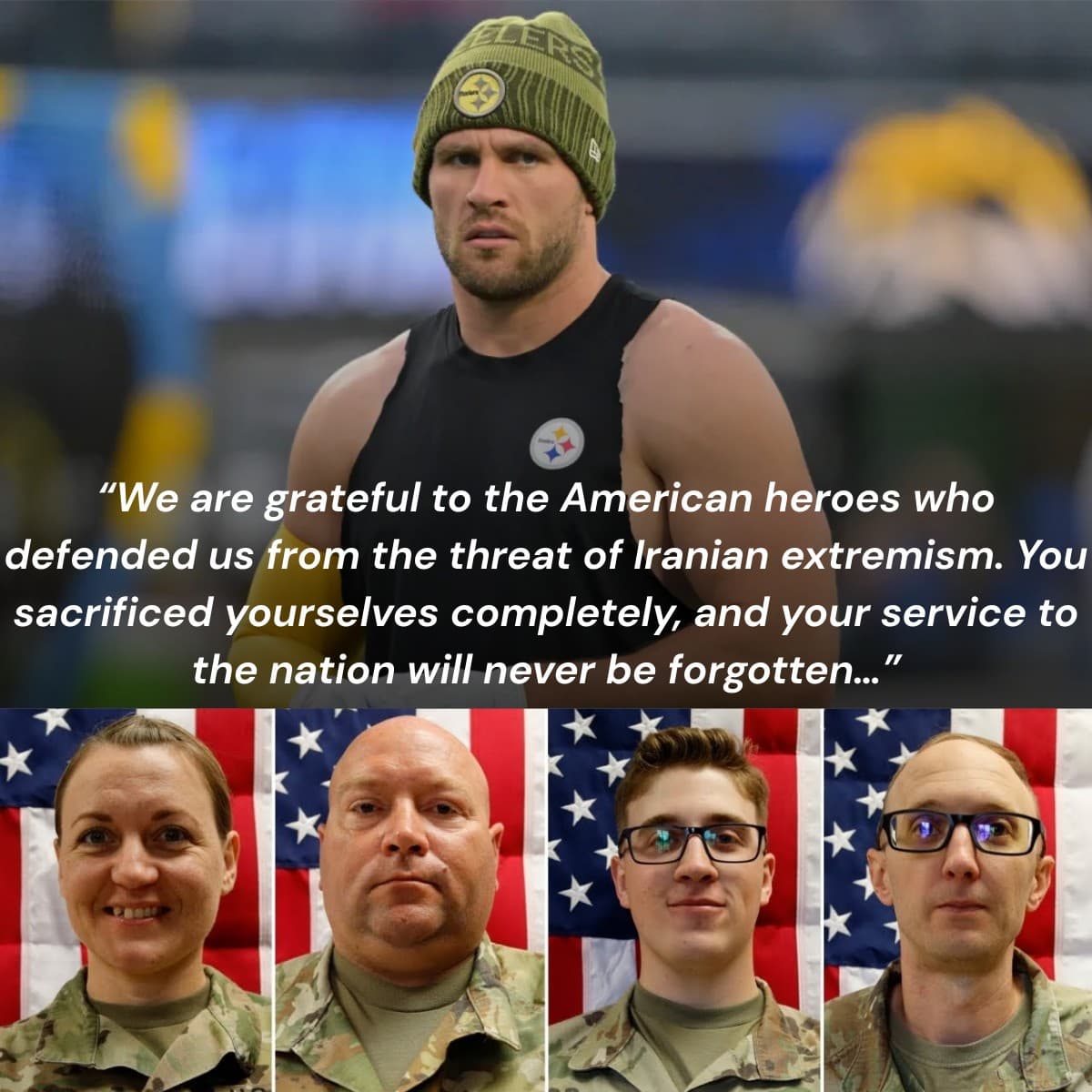 Respectfully: Steelers star T. J. Watt has just offered a $2 million donation to fallen national heroes in a moving speech – “We are grateful to the American heroes who protected us from the threat of Iranian extremism. You gave your all, and your service to the nation will never be forgotten…”